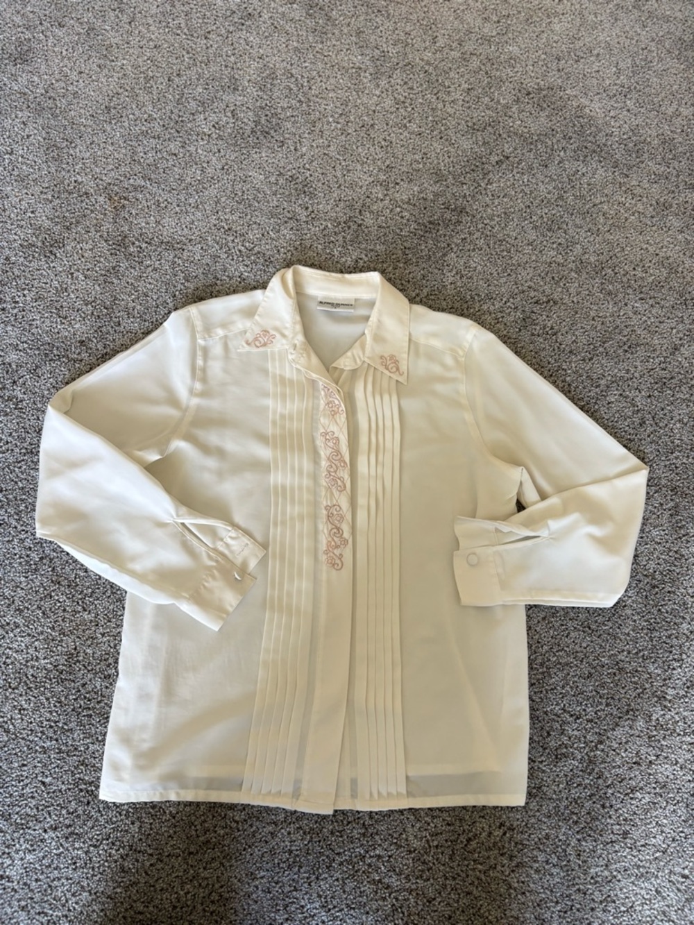 Alfred Dunner Cream Button-Down Blouse with Pintuck and Embroidery